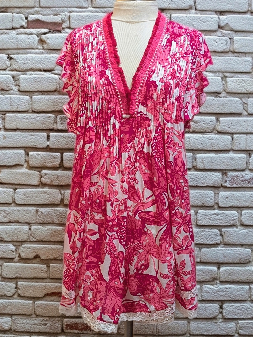 Poupette St. Barth Hot Pink and White Floral V-Neck Mini Dress